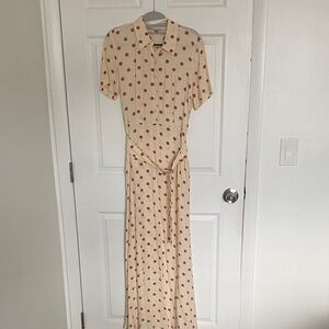 Zara - Beige Polka Dot Short-Sleeve Maxi Dress with Belt